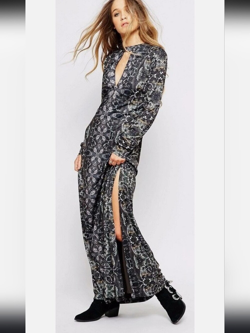 Women's Black Patterned Long Sleeve Maxi Dress with Side Slit